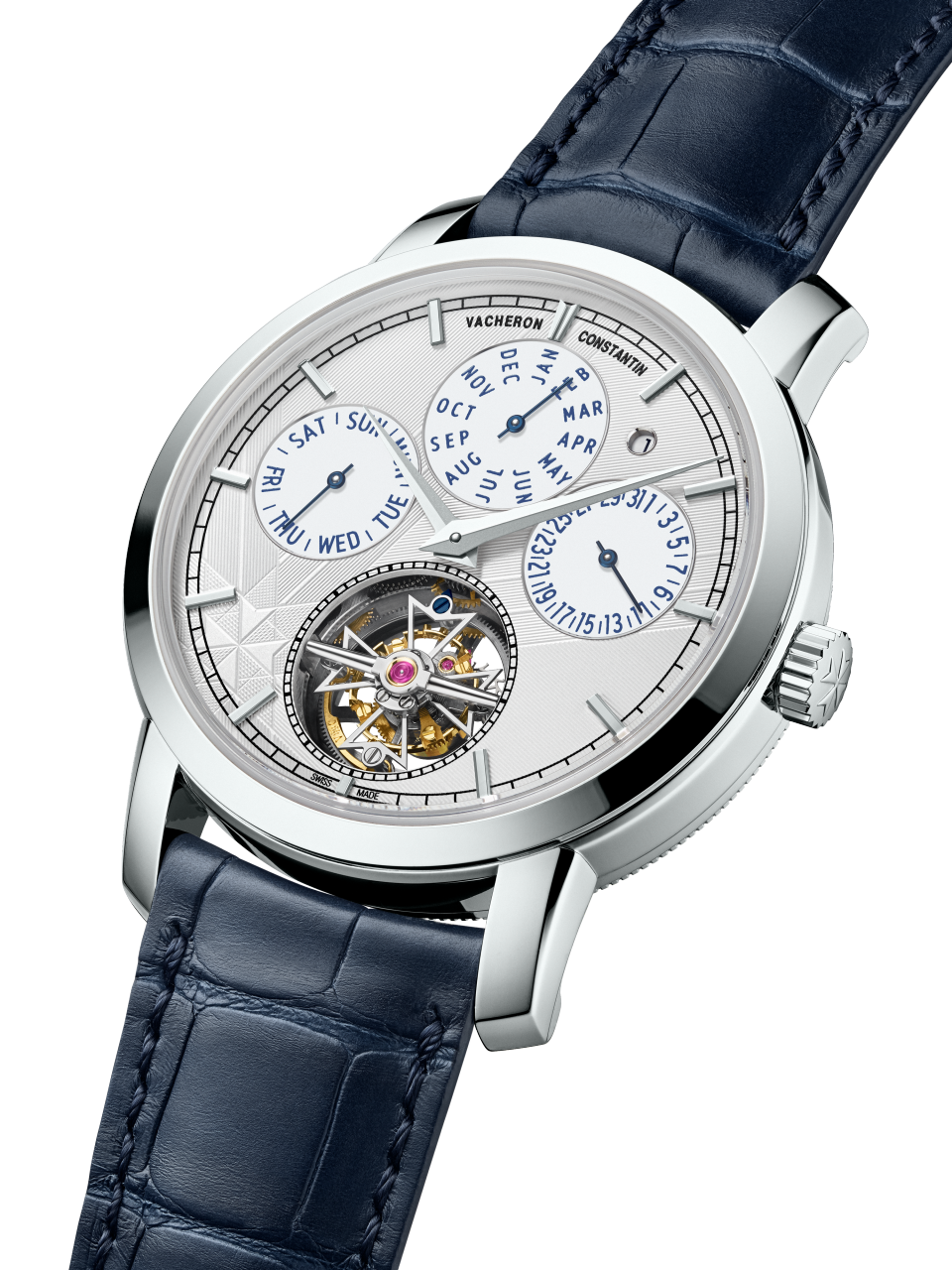3/4 view - Packshot - Watch - Traditionnelle tourbillon perpetual calendar - 42 mm Platinum with Alligator leather strap