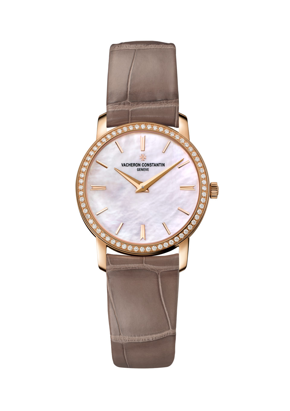 Front view - Packshot - Watch - Traditionnelle quartz. - 30 mm Pink Gold with Alligator leather strap