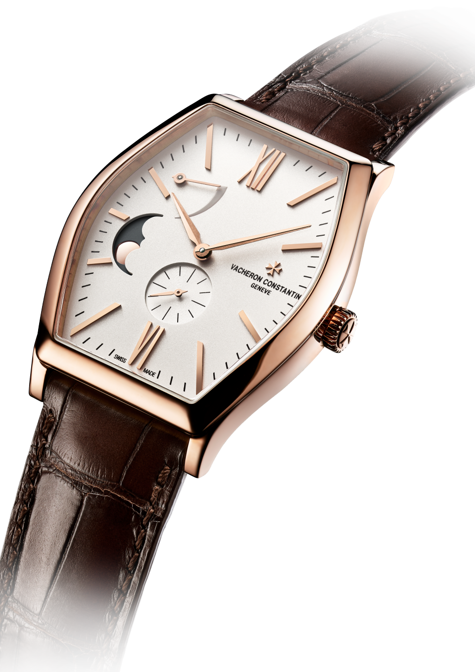 3/4 view - Packshot - Watch - Malte moon phase - 42 x 36.7 mm Pink Gold with Alligator leather strap