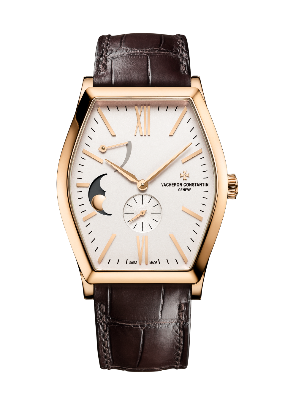 Front view - Packshot - Watch - Malte moon phase - 42 x 36.7 mm Pink Gold with Alligator leather strap