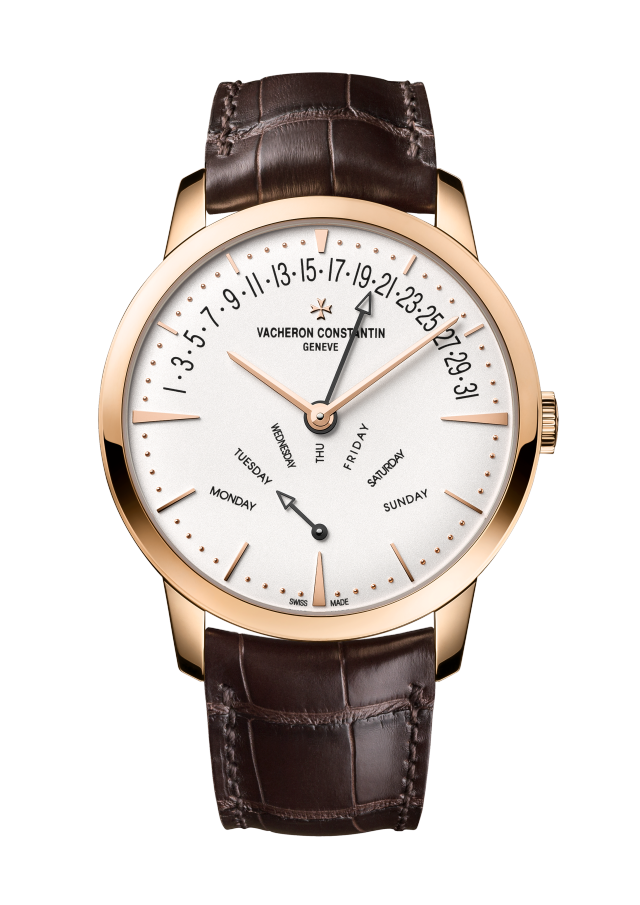Front view - Packshot - Watch - Patrimony retrograde day-date - 42.5 mm Pink Gold with Alligator leather strap