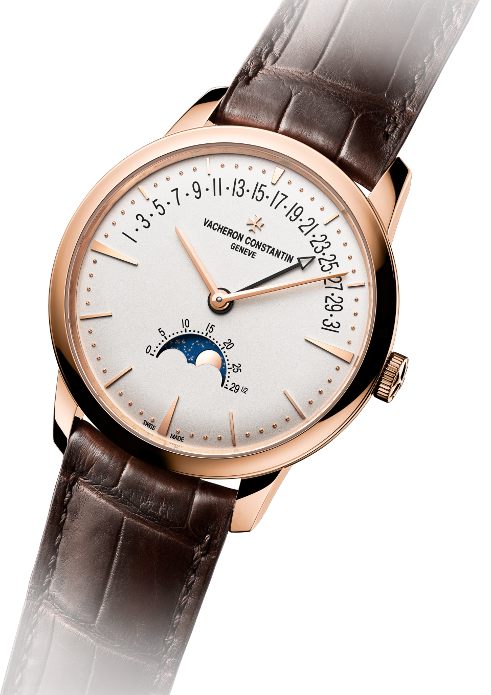 3/4 view - Packshot - Watch - Patrimony moon phase retrograde date - 42.5 mm Pink Gold with Alligator leather strap