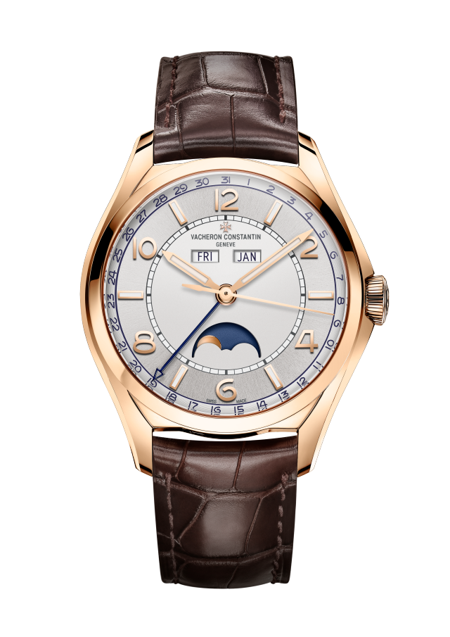 Front view - Packshot - Watch - Fiftysix complete calendar - 40 mm Pink Gold with Alligator leather strap