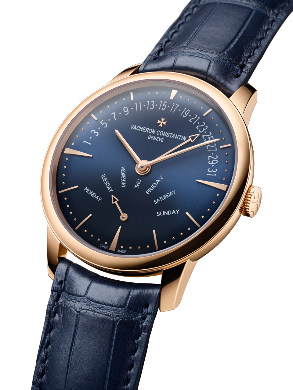 3/4 view - Packshot - Watch - Patrimony retrograde day-date - 42.5 mm Pink Gold with Alligator leather strap