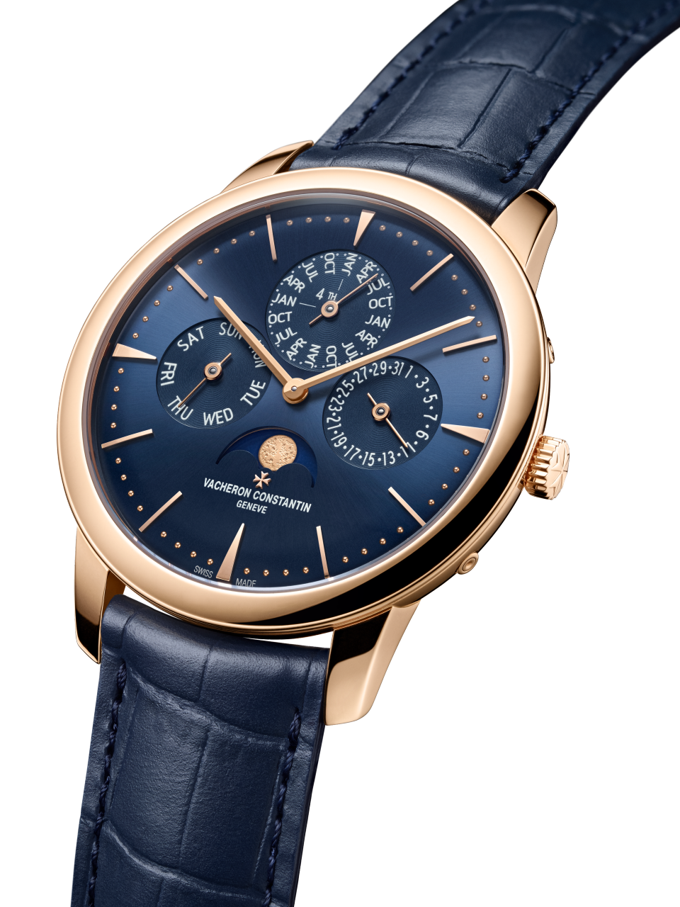 3/4 view - Packshot - Watch - Patrimony perpetual calendar ultra-thin - 41 mm Pink Gold with Alligator leather strap
