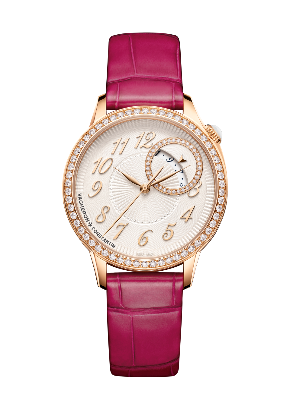 Front view - Packshot - Watch - Égérie self-winding. - 35 mm Pink Gold with Alligator leather strap