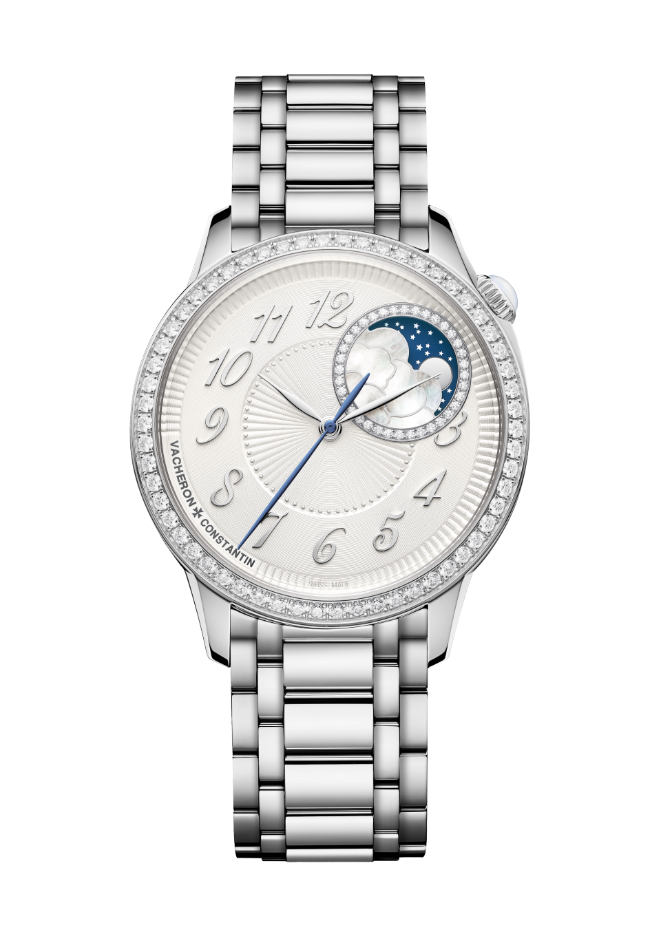 Front view - Packshot - Watch - Égérie moon phase - 37 mm Steel with Stainless steel strap