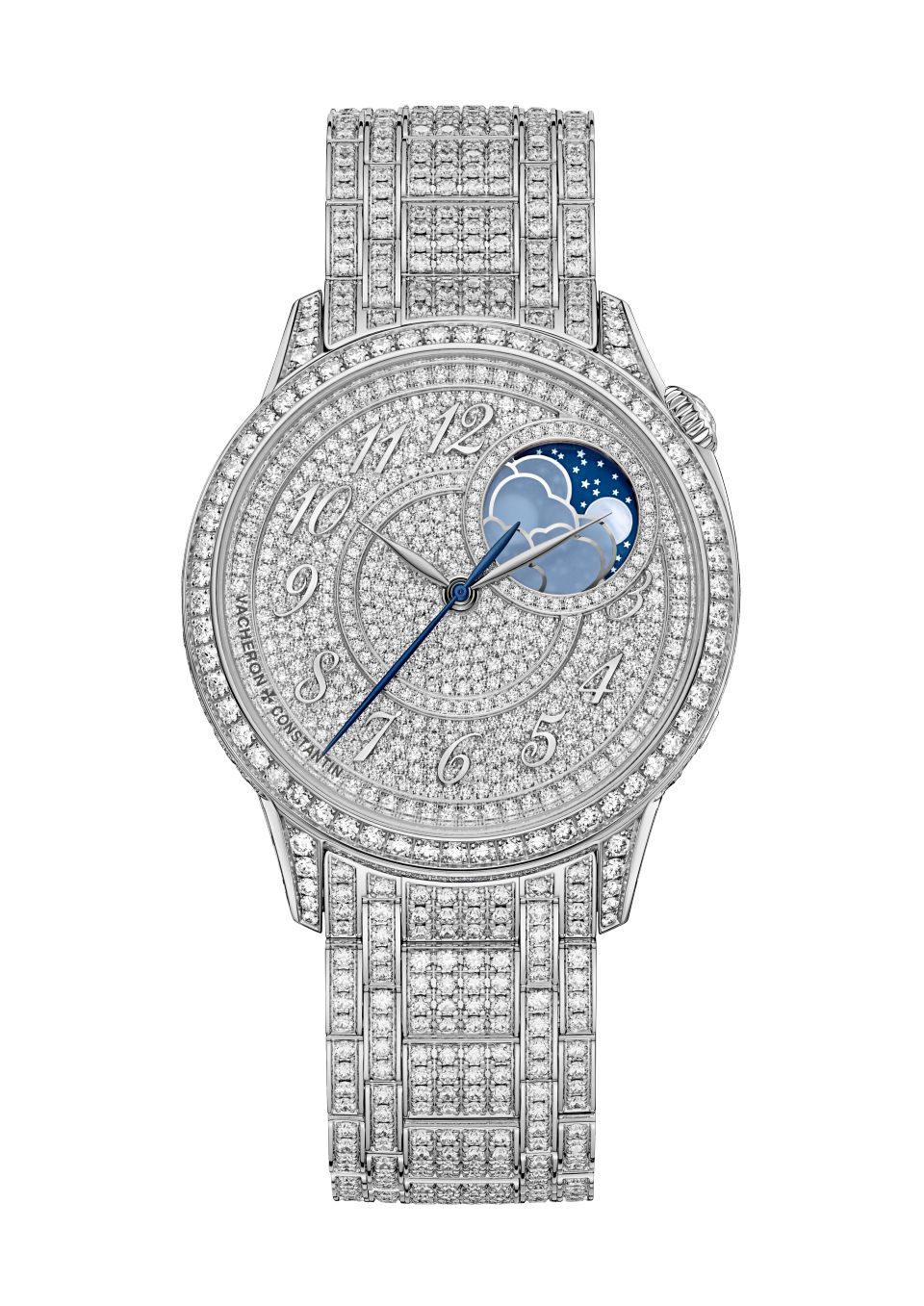 Front view - Packshot - Watch - Égérie moon phase jewellery - 37 mm White Gold with White Gold strap