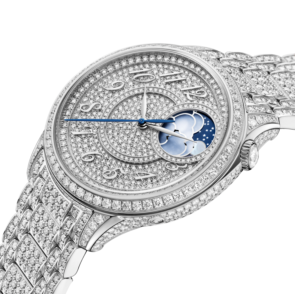 3/4 view - Packshot - Watch - Égérie moon phase jewellery - 37 mm White Gold with White Gold strap