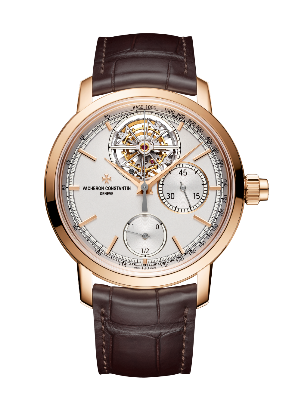 Front view - Packshot - Watch - Traditionnelle tourbillon chronograph - 42.5 mm Pink Gold with Alligator leather strap