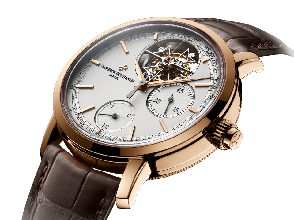 3/4 view - Packshot - Watch - Traditionnelle tourbillon chronograph - 42.5 mm Pink Gold with Alligator leather strap