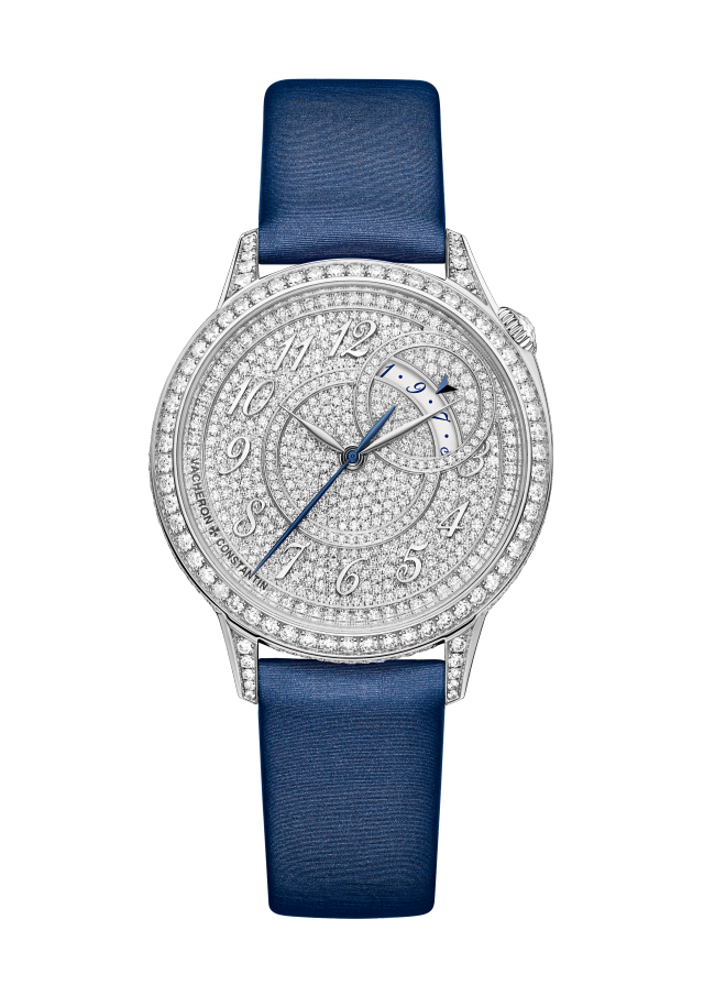Front view - Packshot - Watch - Égérie self-winding - 35 mm White Gold with Satin-effect calfskin leather, Alligator leather straps