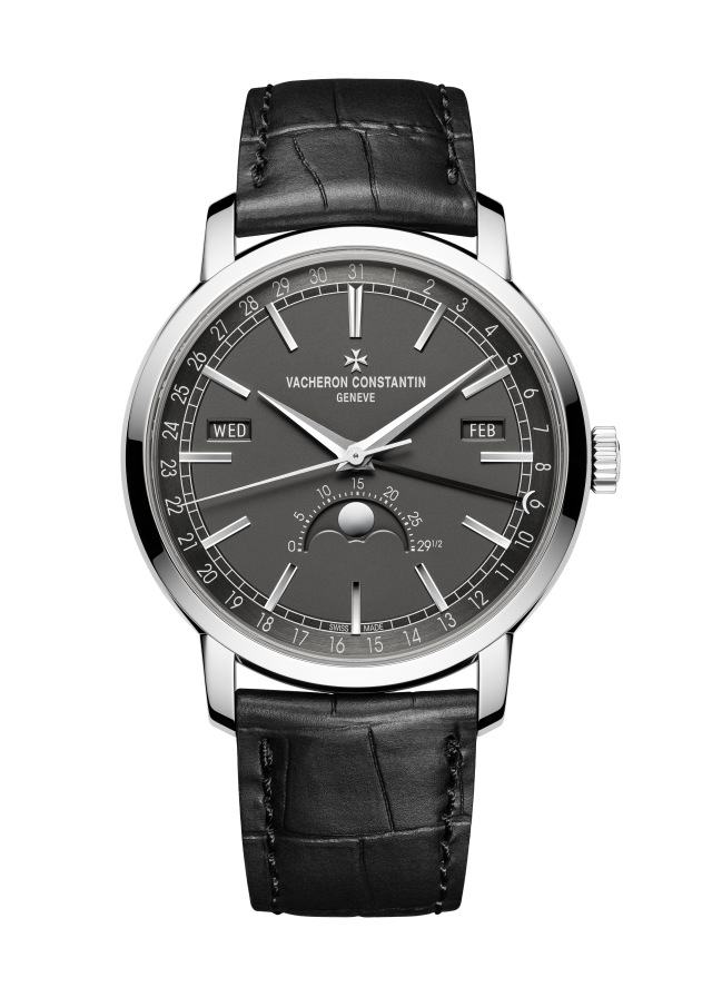 Front view - Packshot - Watch - Traditionnelle complete calendar - 41 mm White Gold with Alligator leather strap