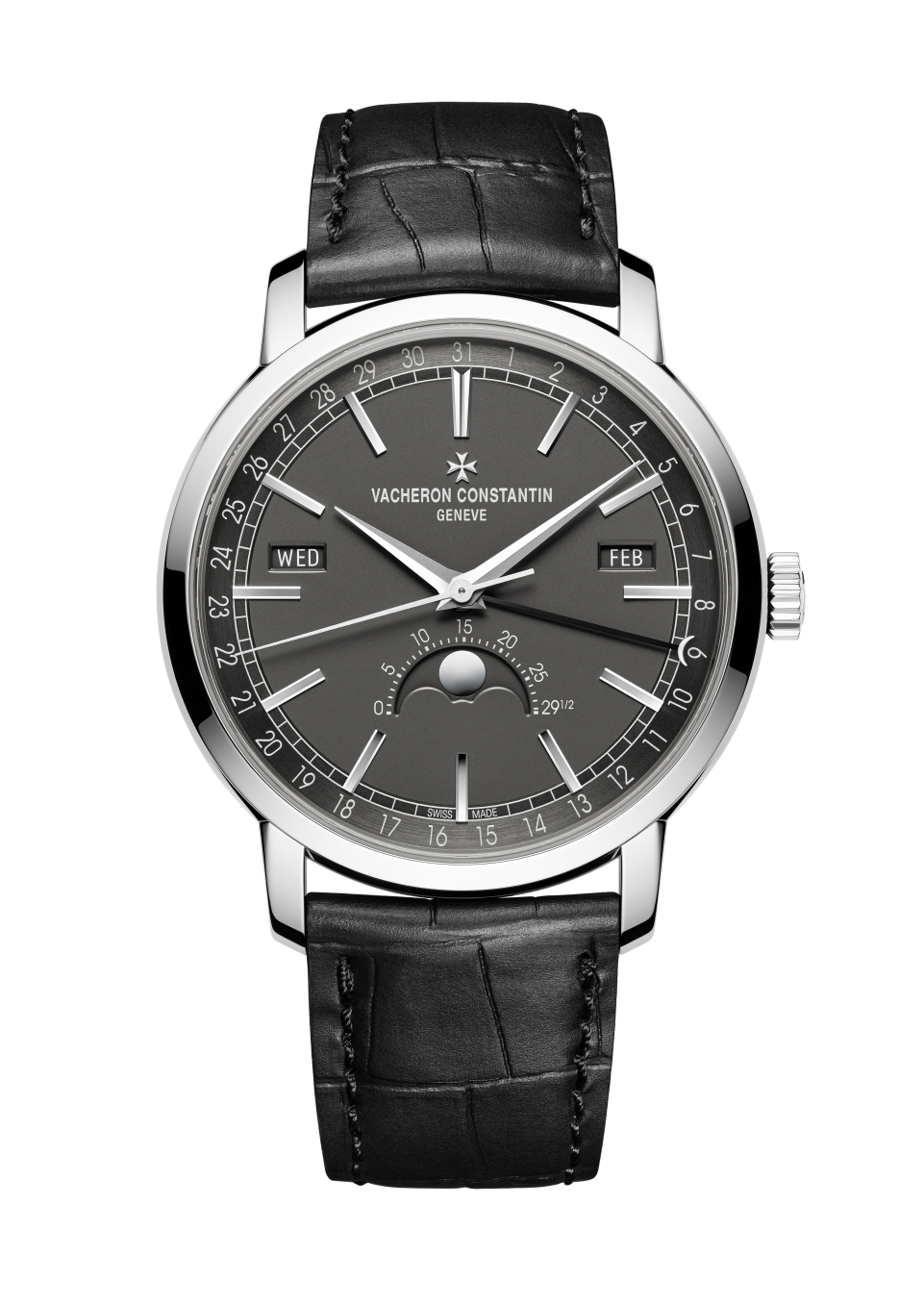 Front view - Packshot - Watch - Traditionnelle complete calendar - 41 mm White Gold with Alligator leather strap