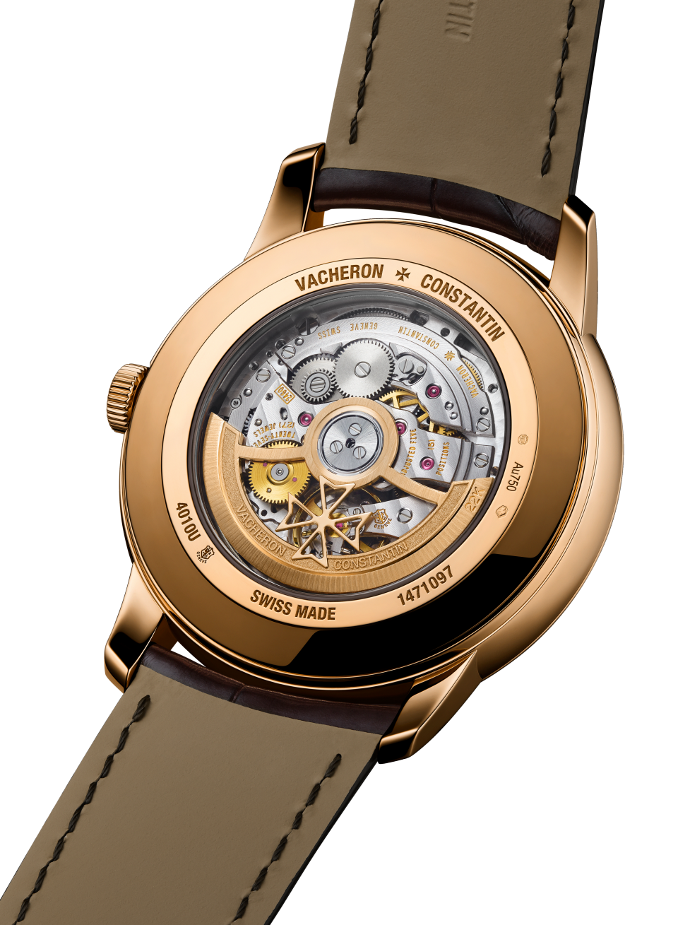 3/4 view - Image - Watch - Patrimony moon phase retrograde date - 42.5 mm Pink Gold with Alligator leather strap
