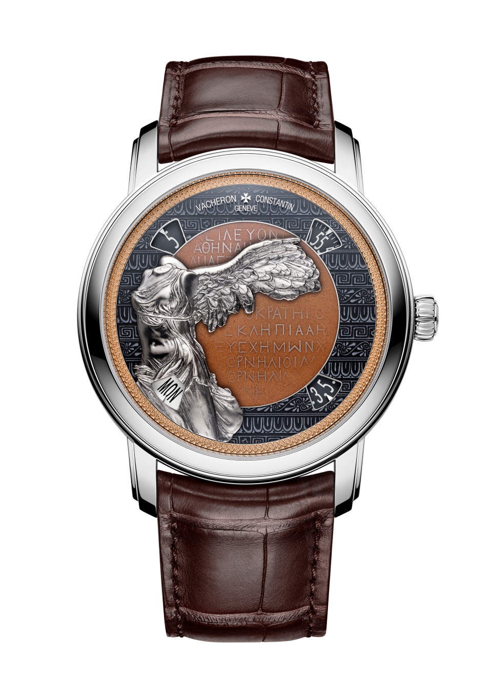Front view - Packshot - Watch - Métiers d'Art Tribute to great civilisations - Victoire de Samothrace - 42 mm White Gold with Alligator leather strap