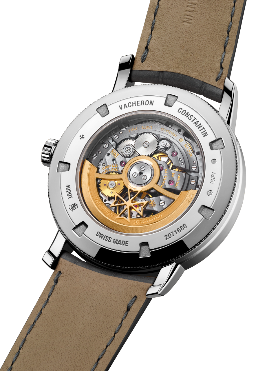 3/4 view - Packshot - Watch - Traditionnelle complete calendar openface - 41 mm White Gold with Alligator leather strap