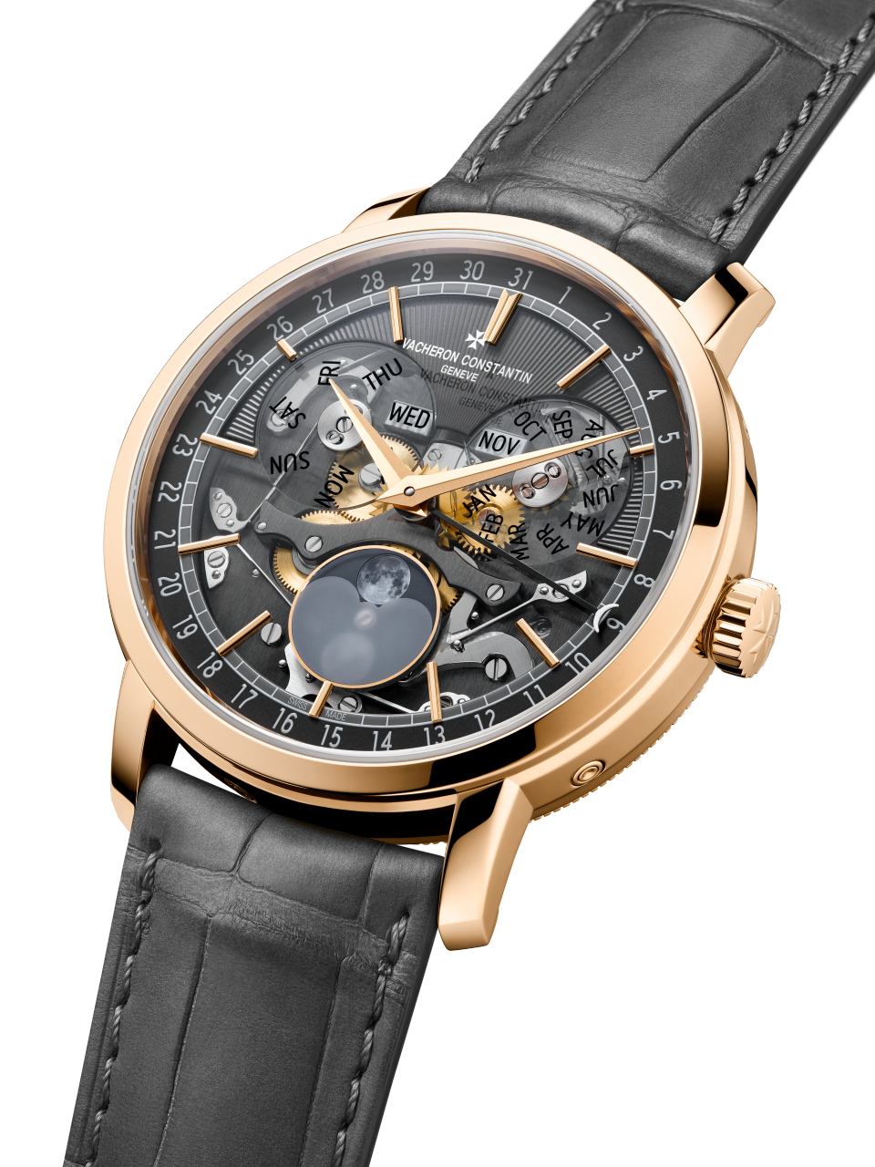 3/4 view - Packshot - Watch - Traditionnelle complete calendar openface - 41 mm Pink Gold with Alligator leather strap