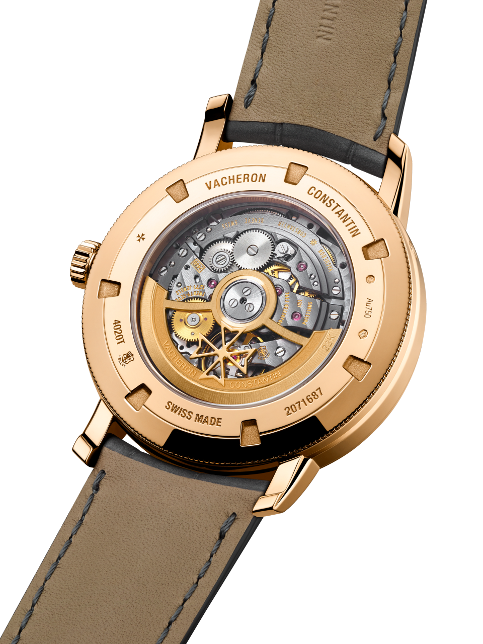 3/4 view - Packshot - Watch - Traditionnelle complete calendar openface - 41 mm Pink Gold with Alligator leather strap