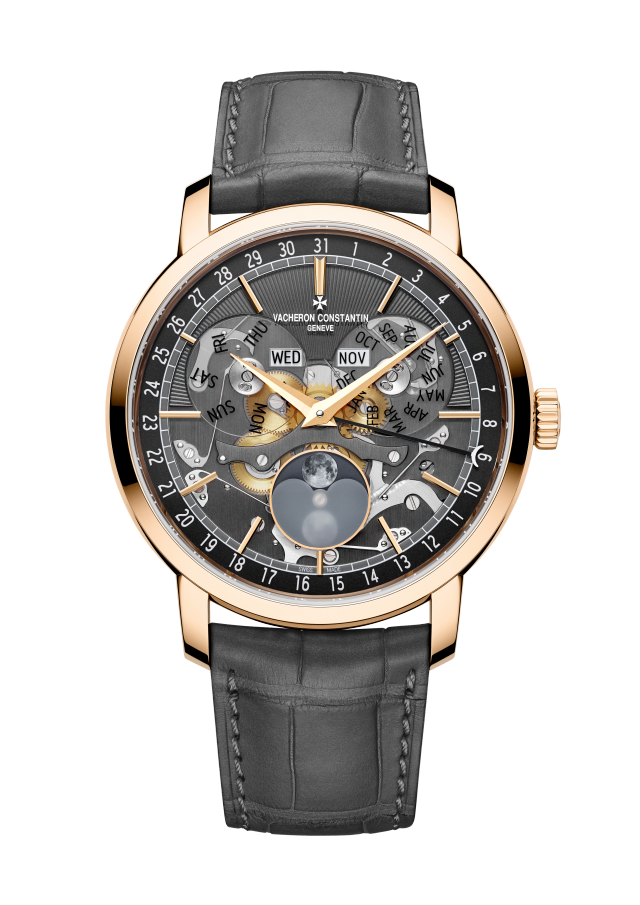 Front view - Packshot - Watch - Traditionnelle complete calendar openface - 41 mm Pink Gold with Alligator leather strap