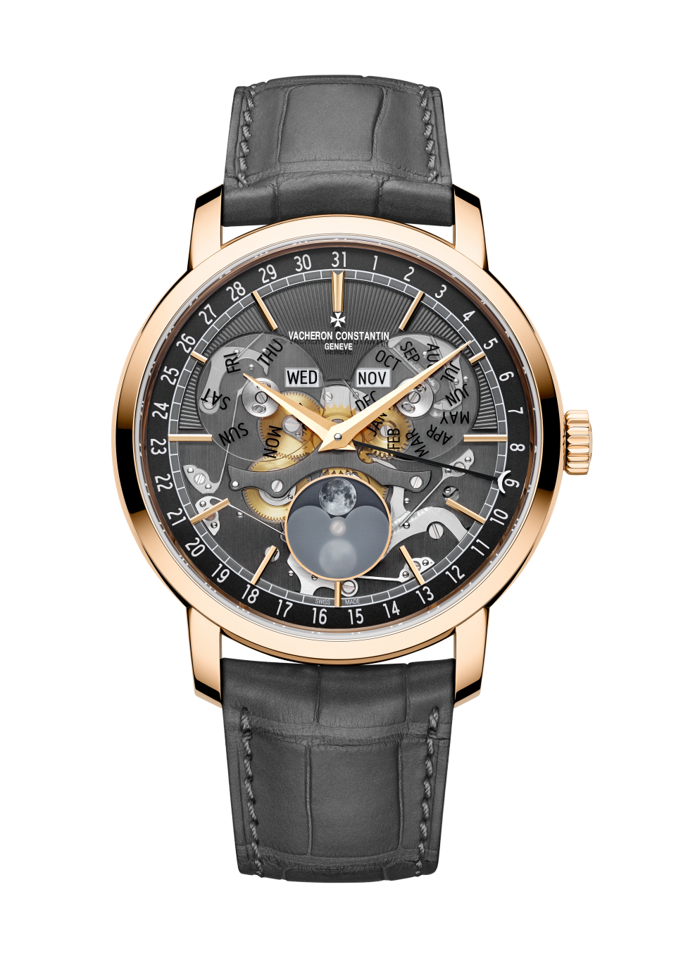 Front view - Packshot - Watch - Traditionnelle complete calendar openface - 41 mm Pink Gold with Alligator leather strap