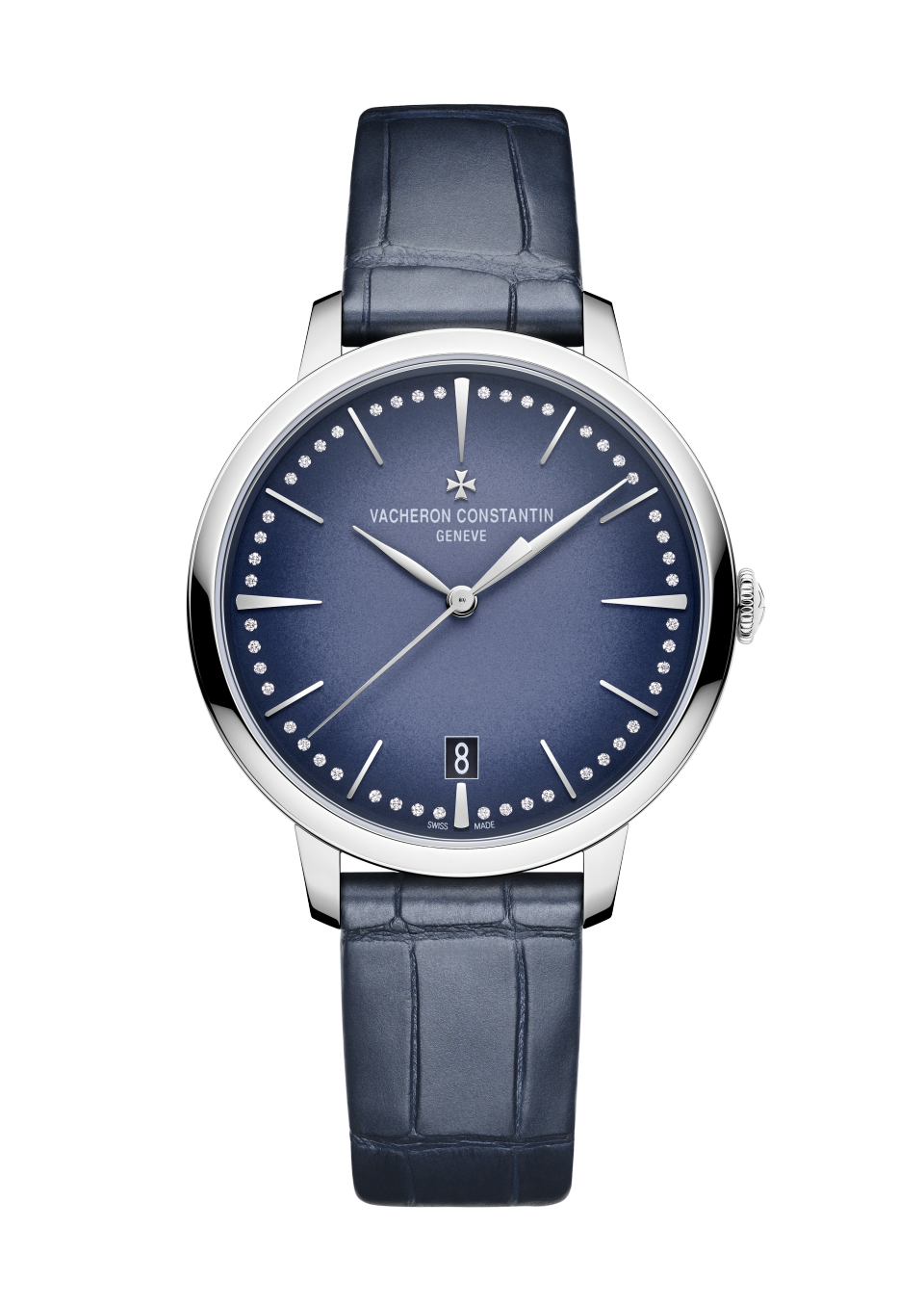 Front view - Packshot - Watch - Patrimony self-winding - 36.5 mm White Gold with Alligator leather strap