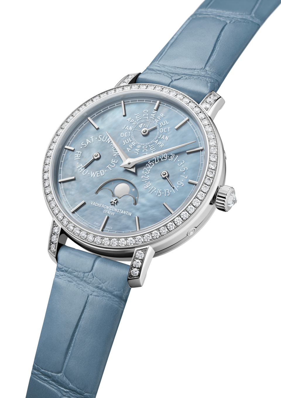 3/4 view - Packshot - Watch - Traditionnelle perpetual calendar ultra-thin - 36.5 mm White Gold with Alligator leather strap