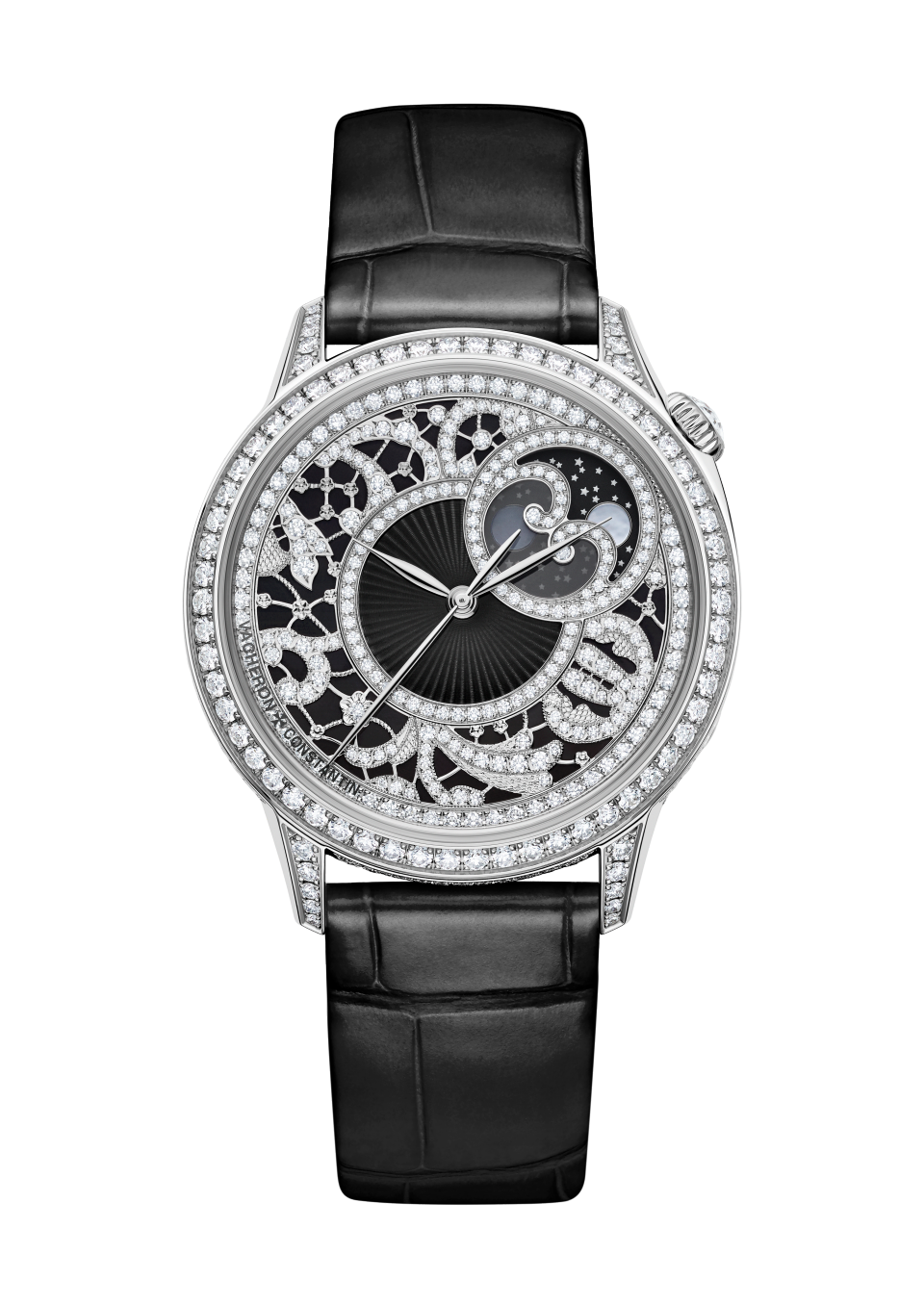 Front view - Packshot - Watch - Égérie Creative Edition - 37 mm White Gold with Alligator leather, Satin-effect calfskin leather straps