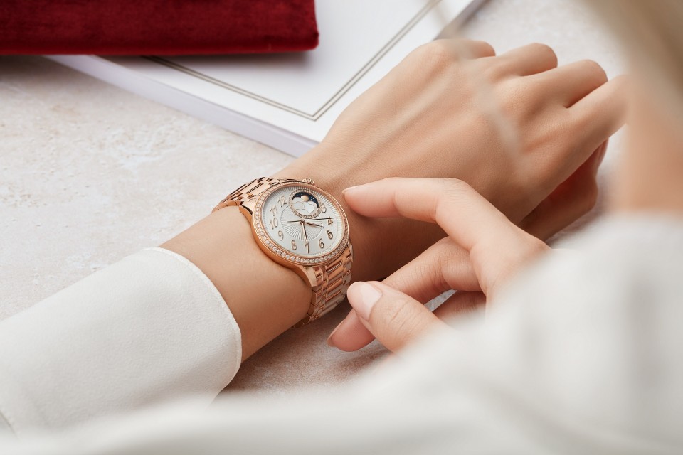 Other view - Lifestyle product photo - Watch - Égérie moon phase - 37 mm Pink Gold with 18K pink gold strap