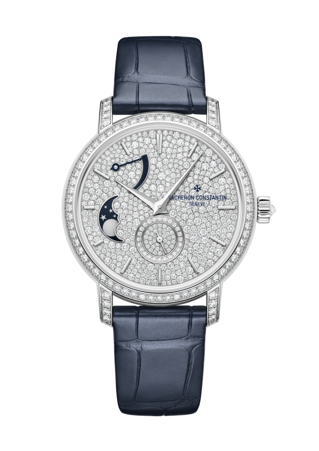 Front view - Packshot - Watch - Traditionnelle moon phase - 37.5 mm White Gold with Alligator leather strap