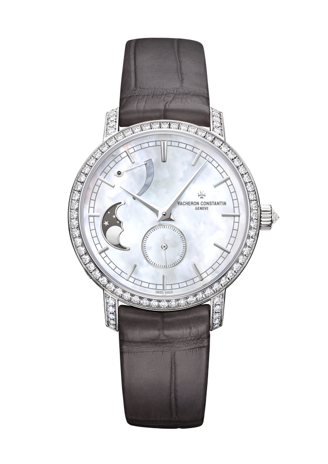 Front view - Packshot - Watch - Traditionnelle moon phase - 36 mm White Gold with Alligator leather strap