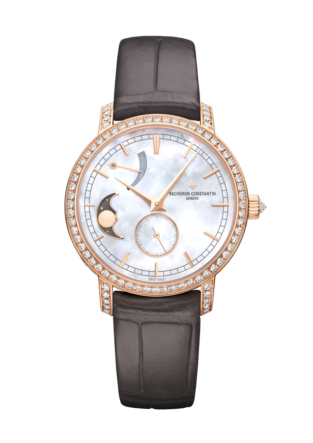 Front view - Packshot - Watch - Traditionnelle moon phase - 36 mm Pink Gold with Alligator leather strap