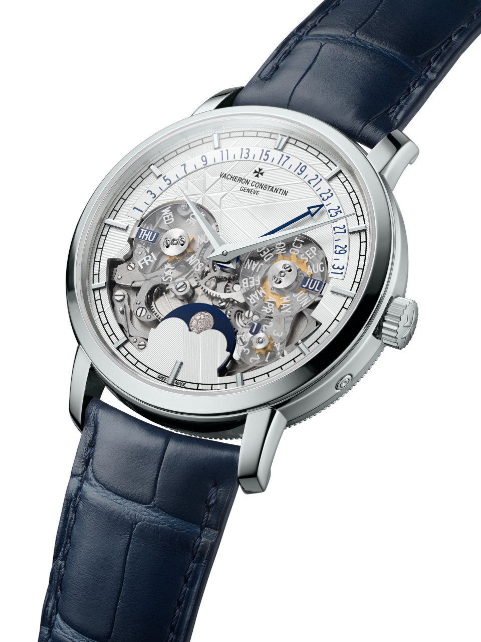 3/4 view - Packshot - Watch - Traditionnelle perpetual calendar retrograde date openface - 41 mm Platinum with Alligator leather strap