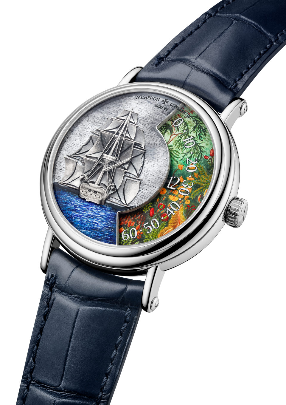 3/4 view - Packshot - Watch - Métiers d'Art Tribute to Explorer Naturalists - Cap-Vert - 41 mm White Gold with Alligator leather strap