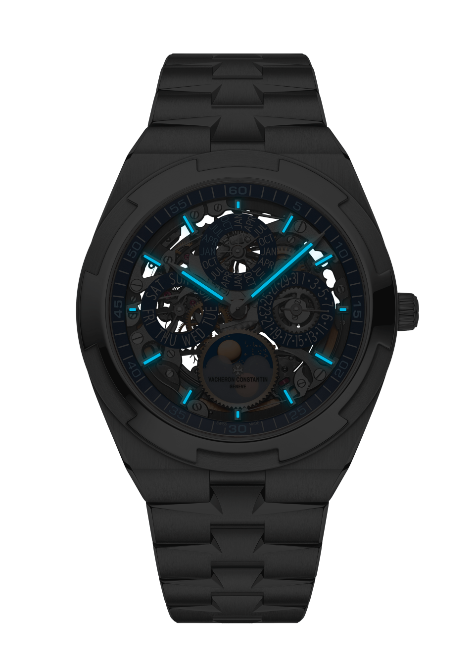 Night view - Image - Watch - Overseas perpetual calendar ultra-thin skeleton - 41.5 mm White Gold with Rubber, White Gold, Grained calfskin leather straps
