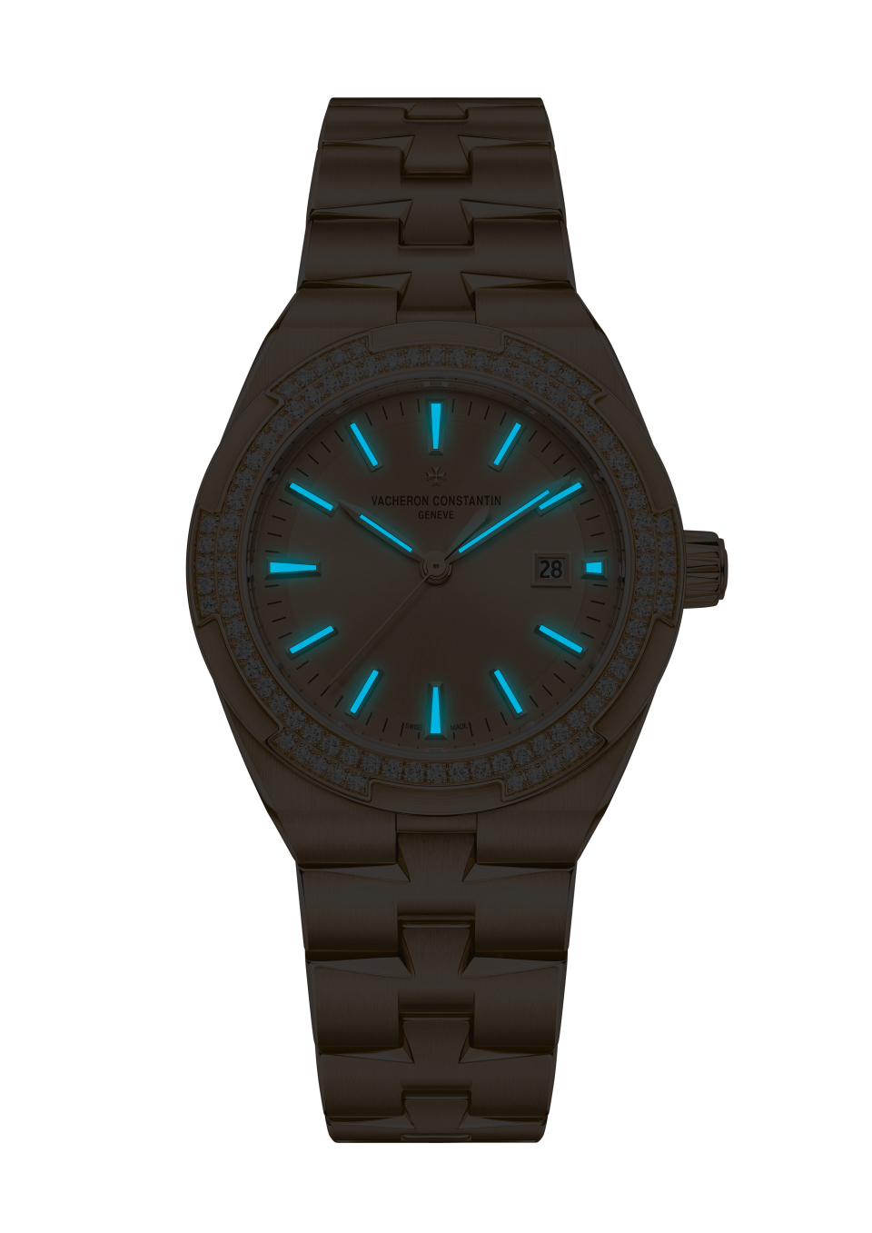 Night view - Image - Watch - Overseas self-winding - 35 mm Pink Gold with Calfskin leather, 18K pink gold, Rubber straps