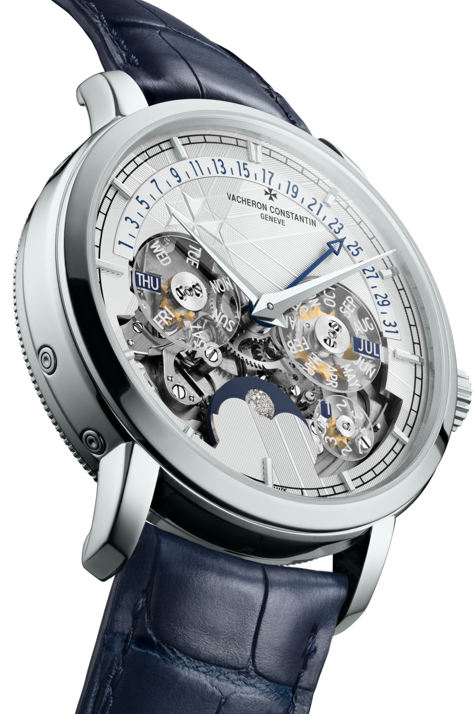 3/4 view - Packshot - Watch - Traditionnelle perpetual calendar retrograde date openface - 41 mm Platinum with Alligator leather strap