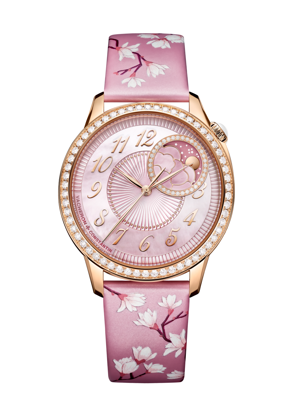 Front view - Packshot - Watch - Égérie moon phase - 37 mm Pink Gold with Alligator leather, Calfskin leather, Fabric straps