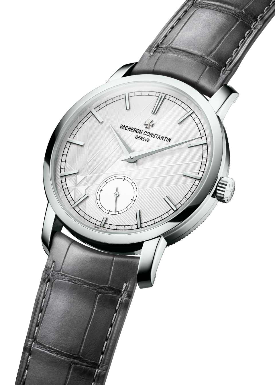 3/4 view - Packshot - Watch - Traditionnelle manual-winding - 38 mm Platinum with Alligator leather strap