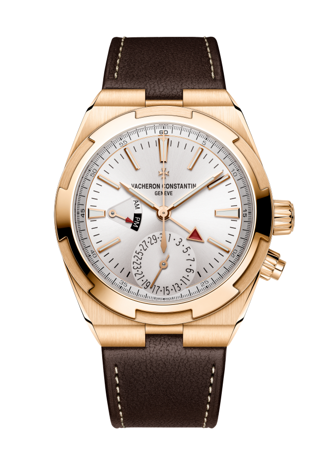 Front view - Packshot - Watch - Overseas dual time - 41 mm Pink Gold with Rubber, Grained calfskin leather straps