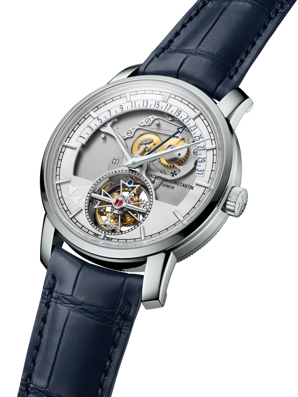 3/4 view - Packshot - Watch - Traditionnelle tourbillon retrograde date openface - 41 mm Platinum with Alligator leather strap