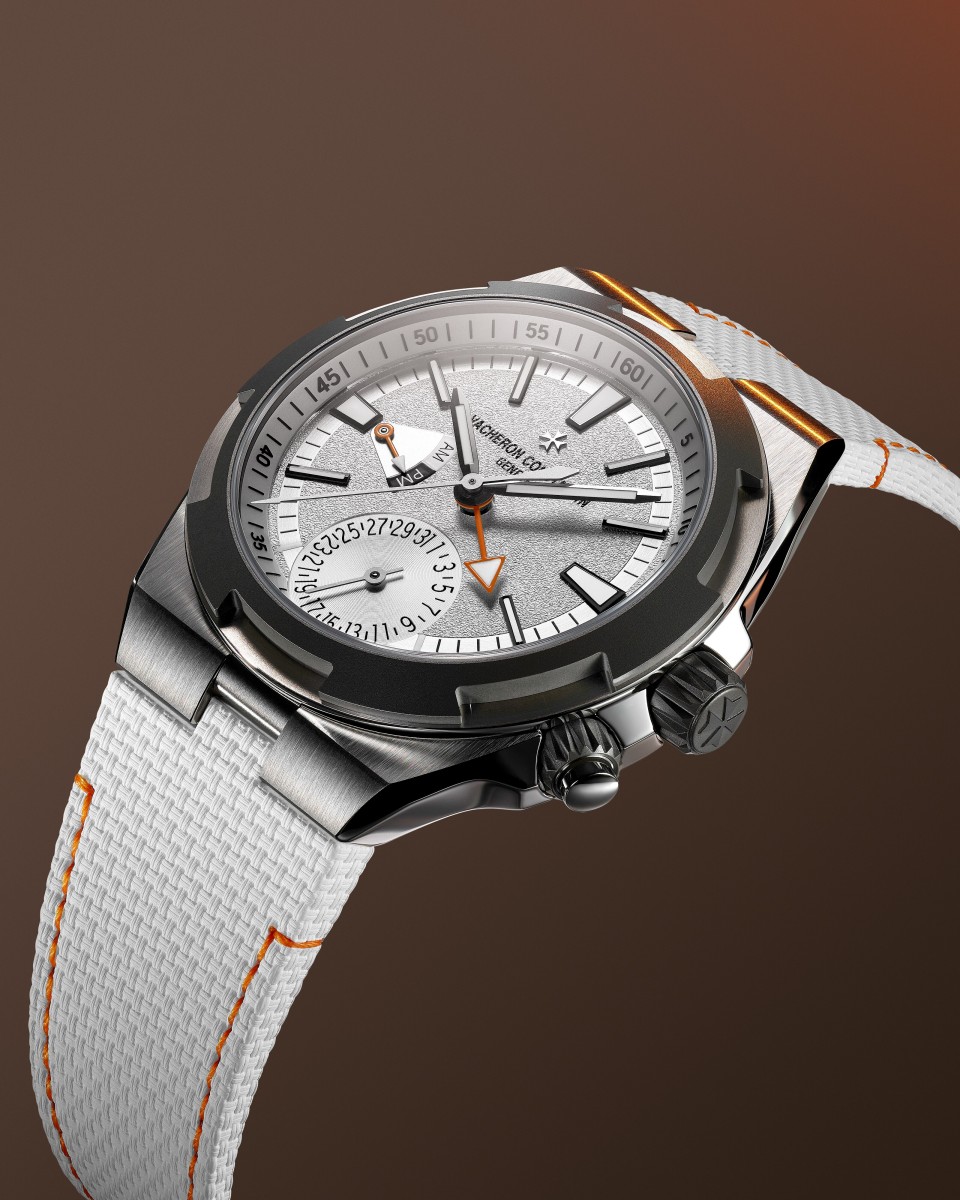 Vacheron Constantin Overseas dual time Cardinal Points watch dial with hands and hour markers.