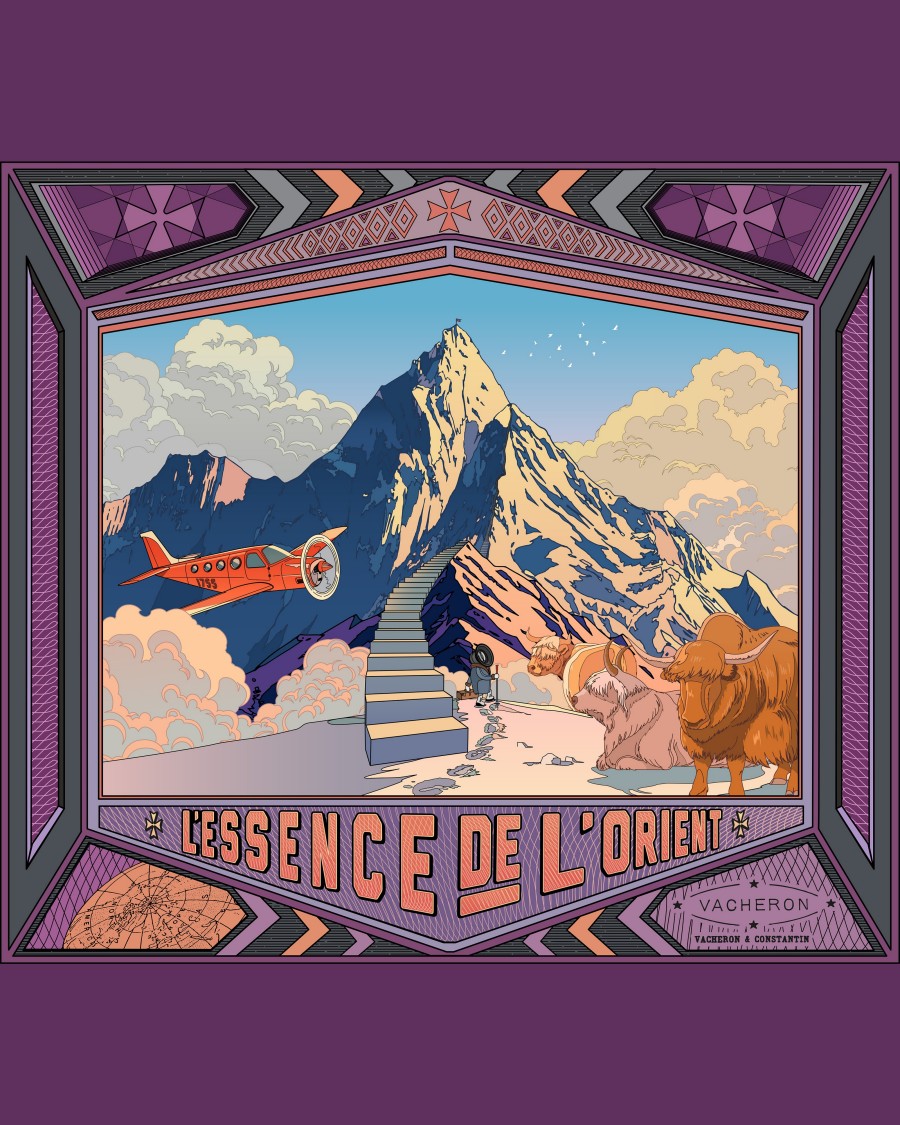 Design by Shan Jiang representing a snowy peak with a flying small red plane and mountains cows