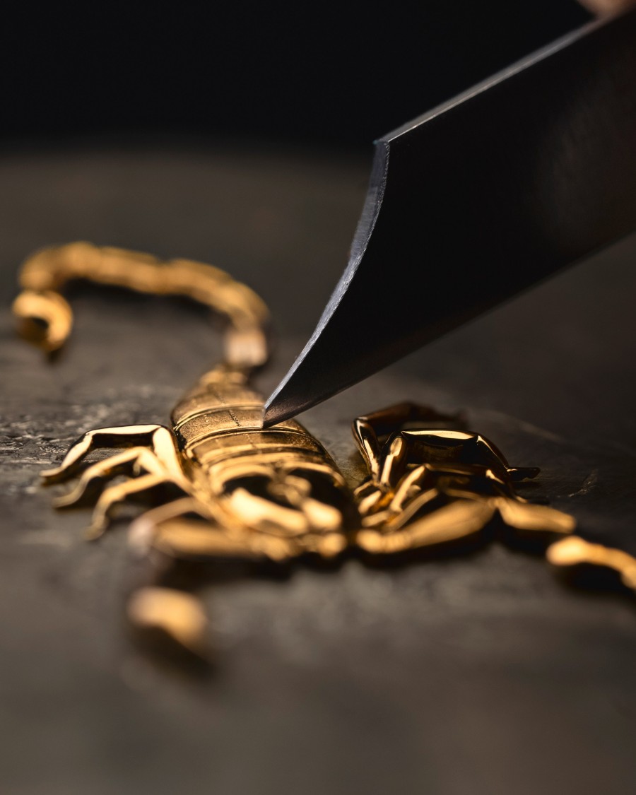 Image illustarting a golden scorpion hit by a tool