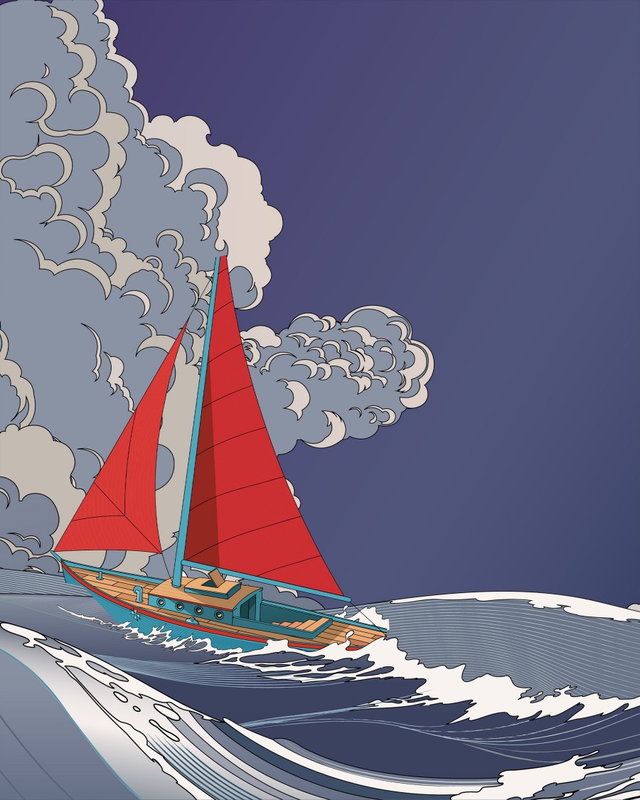 Red sailing boat on a very agitated sea