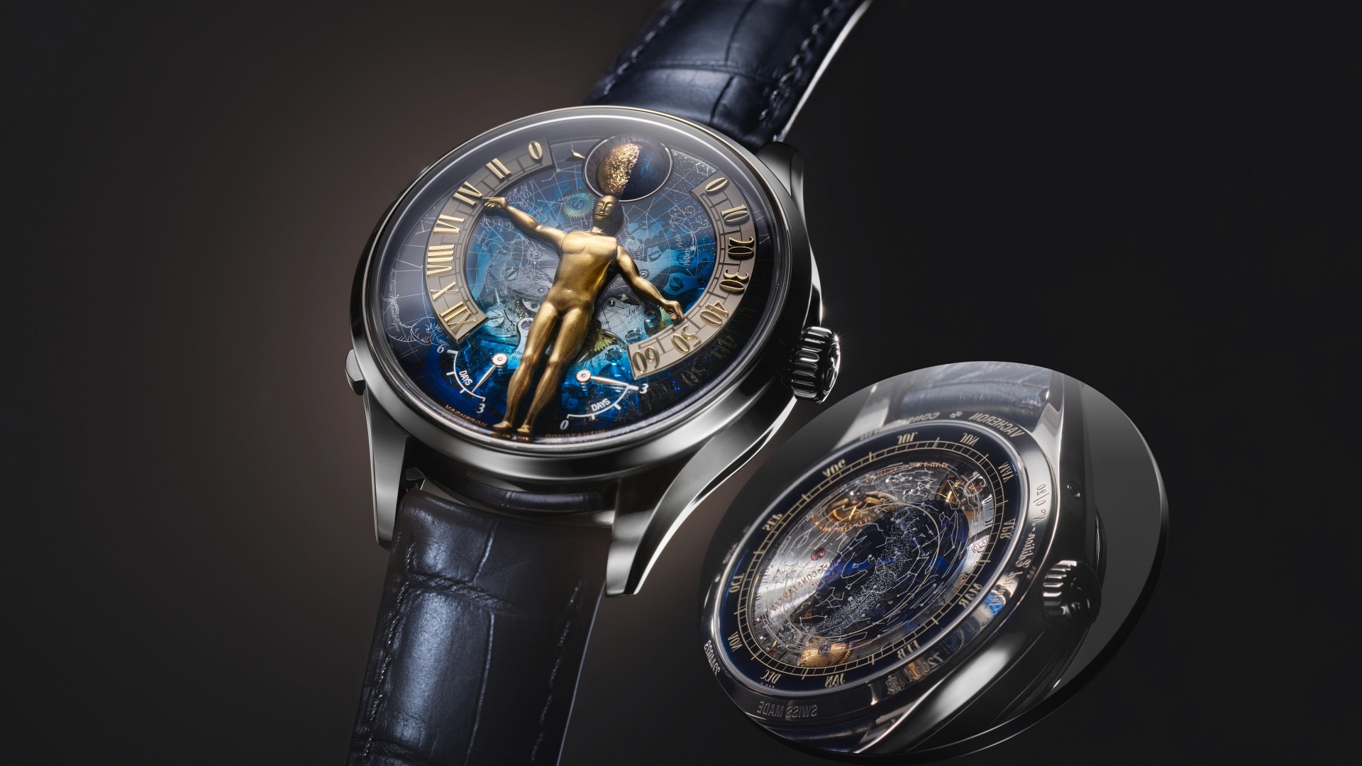 Image illutrating a watch with a gold automaton that tells the time 