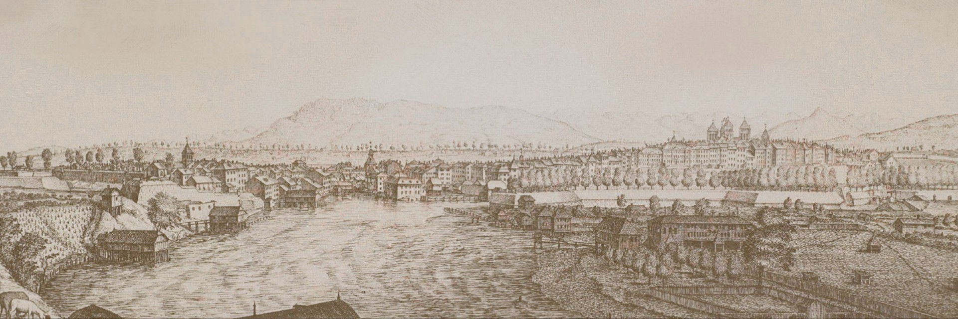 Sepia-toned historical illustration of Geneva with the title "A legacyof excellence: The story of Vacheron Constantin.