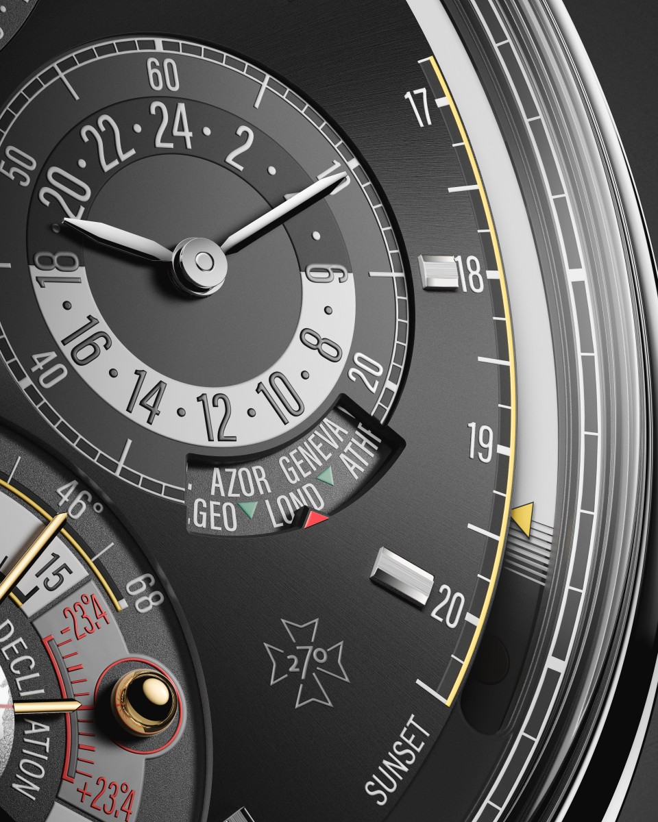 Close-up of part of the watch head with black bezel and silver details