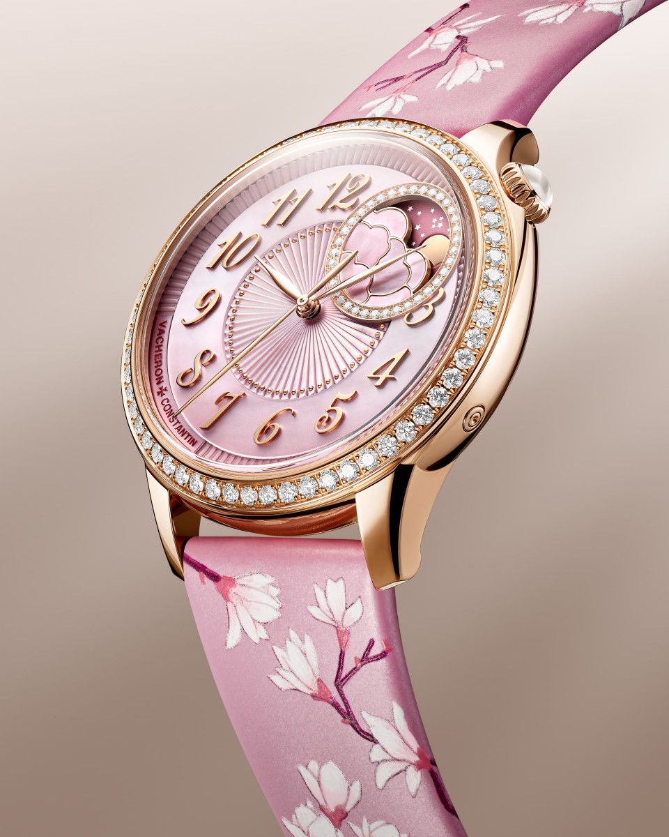 Close-up of the Egerie Moon Phase Spring Blossom watch dial showing the moon phase complication and delicate floral details.