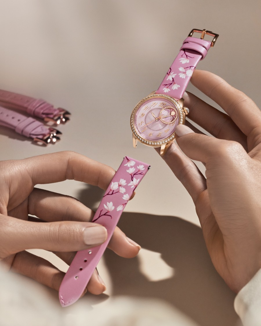 Vacheron Constantin Egerie Moon Phase Spring Blossom watch with three interchangeable straps.